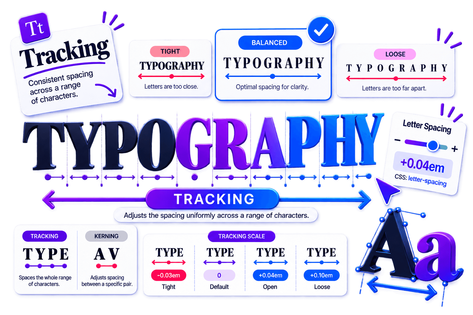 Tracking in typography illustration showing tight, balanced and loose letter spacing, tracking values, kerning comparison and CSS letter-spacing