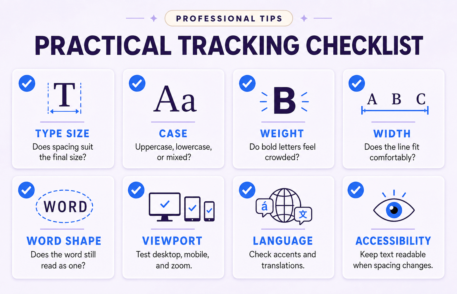 Practical tracking checklist covering type size, case, weight, width, word shape, viewport, language, and accessibility.