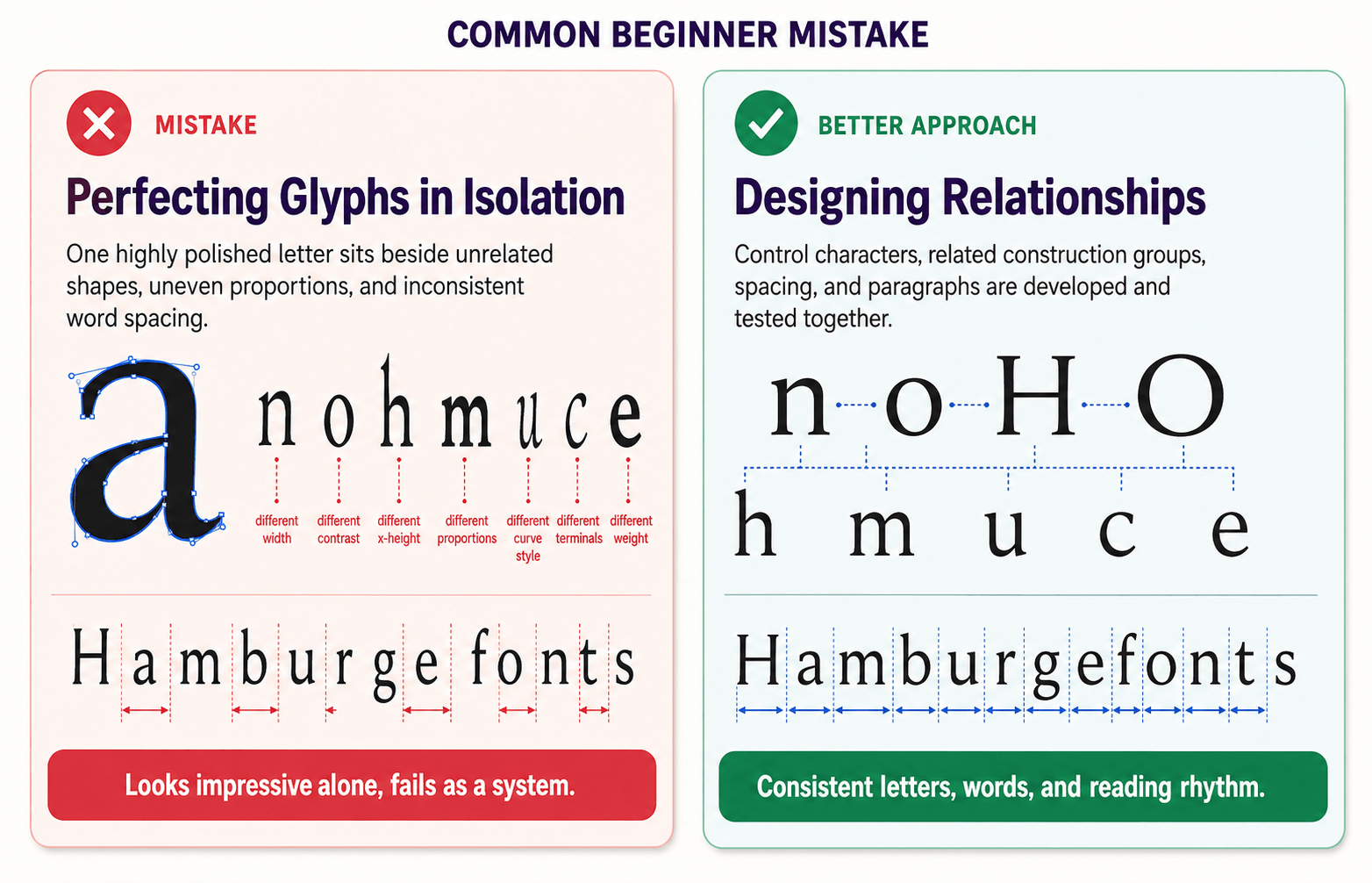 Font design mistake comparison showing an isolated polished glyph with inconsistent letters and spacing beside a coordinated, evenly spaced type system.