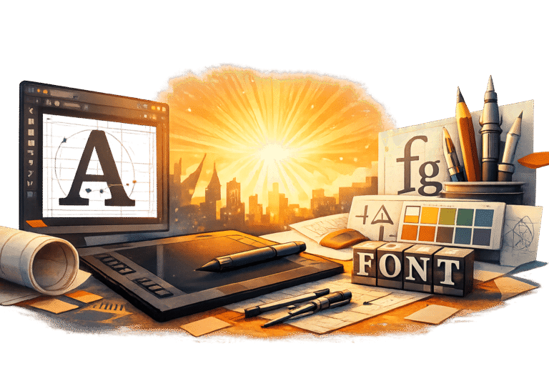 Font Design for Beginners: How to Create Your First Typeface (Without Losing Your Mind) 16 Font design for beginners workspace with letterform editing, Bézier curves, typography tools, and font sketches