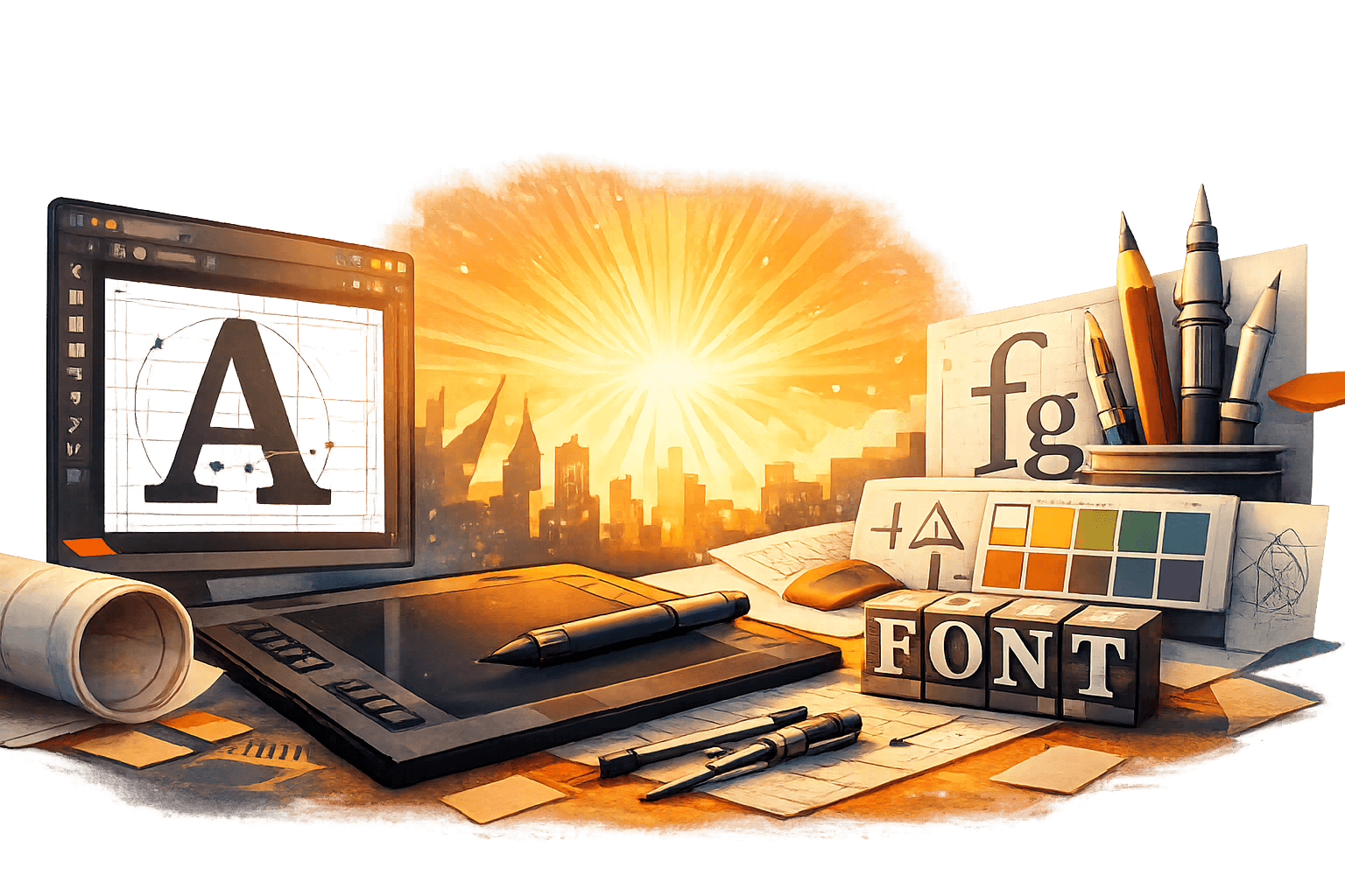 Font design for beginners workspace with letterform editing, Bézier curves, typography tools, and font sketches