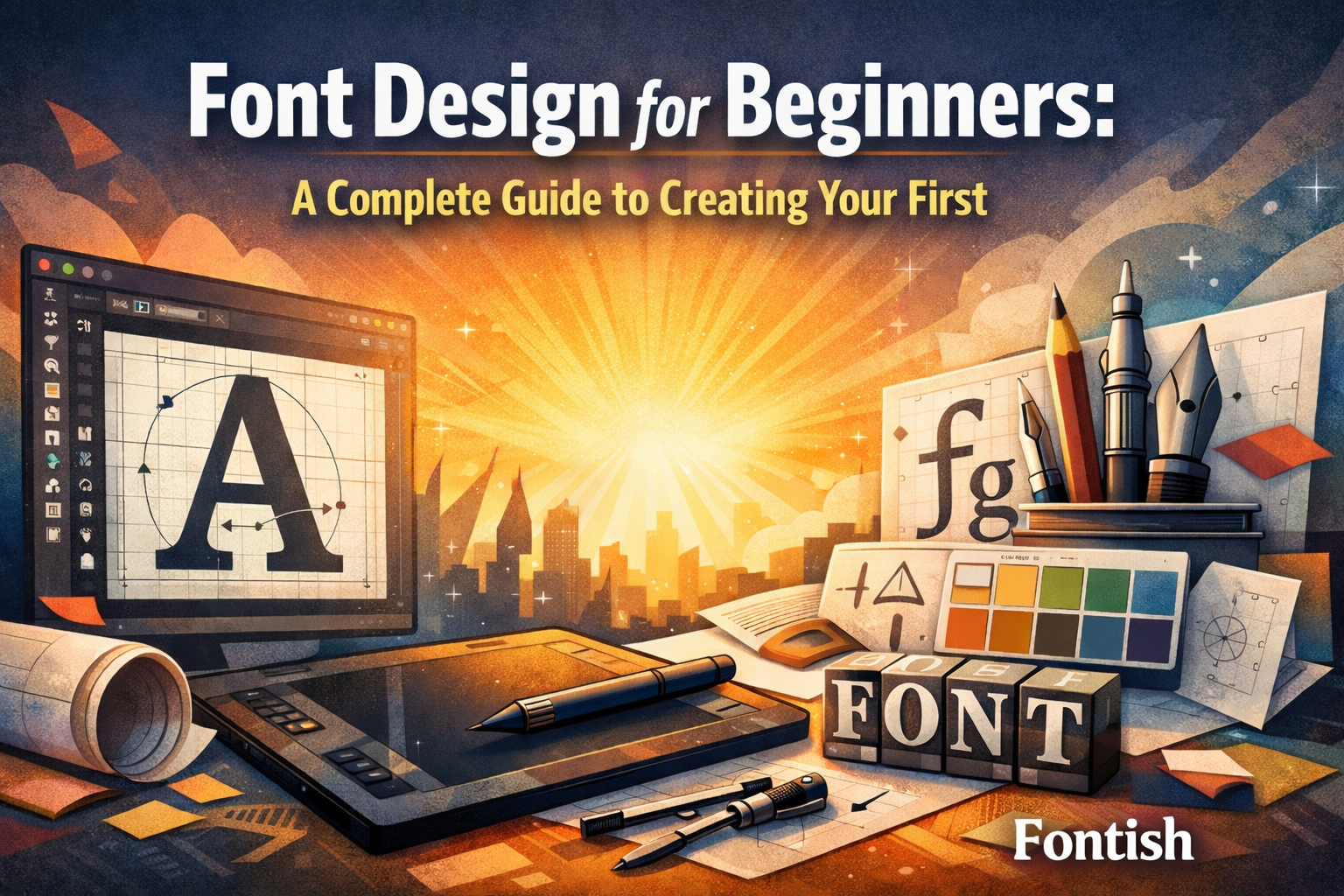 Illustration of font design tools and lettering workspace for beginners creating their first typeface.