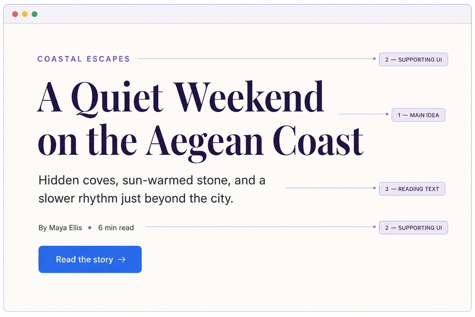 Playfair Display and Inter visual hierarchy example showing an editorial travel article layout with serif headings and readable sans-serif body text.