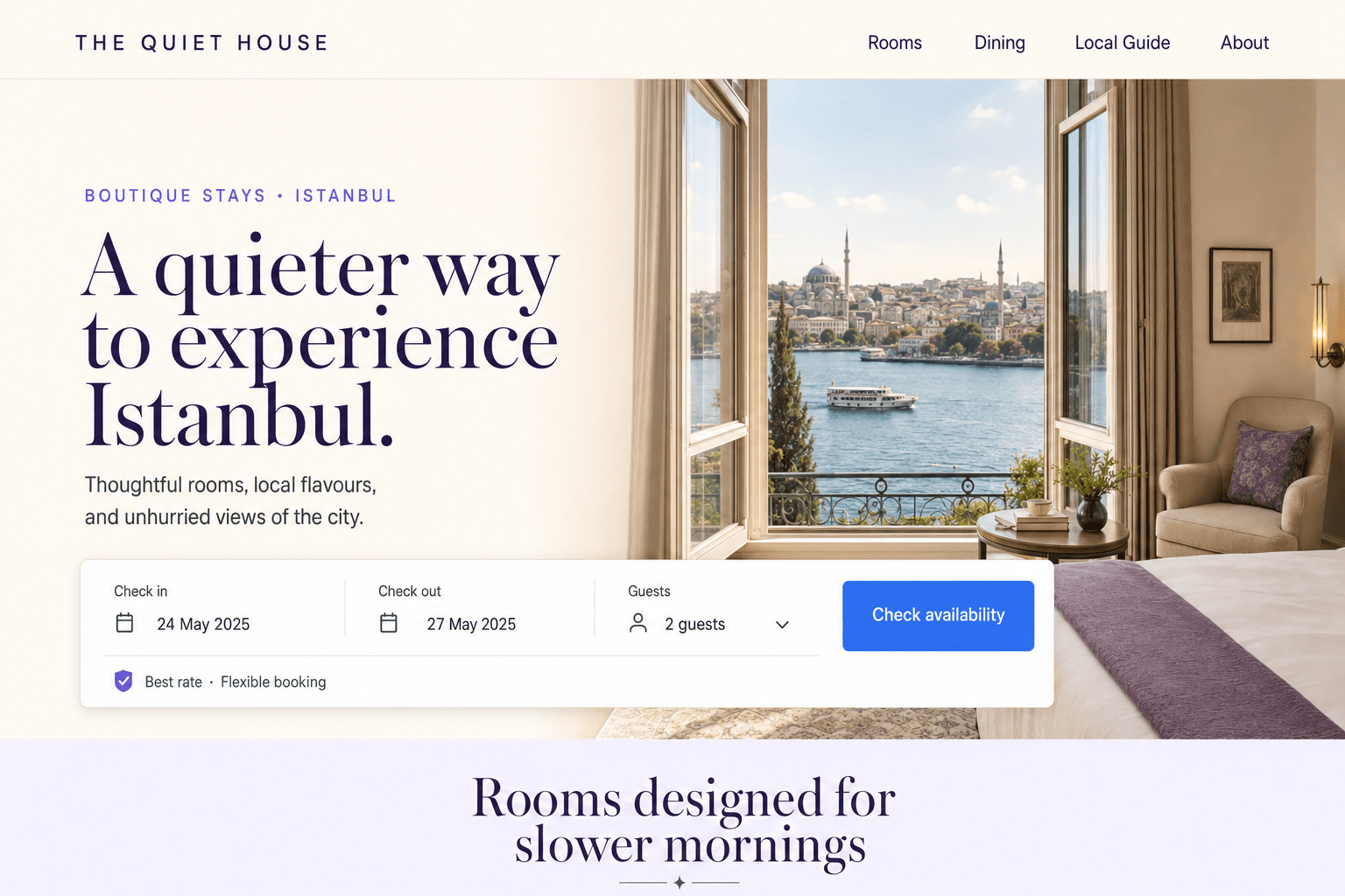 Playfair Display and Inter font pairing shown in a boutique Istanbul hotel website, with an elegant serif headline and readable sans-serif navigation, booking details, and button.