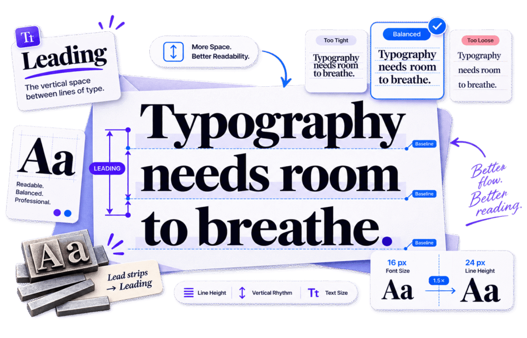 Leading in typography illustration showing line spacing, baselines, tight, balanced and loose leading, and CSS line-height