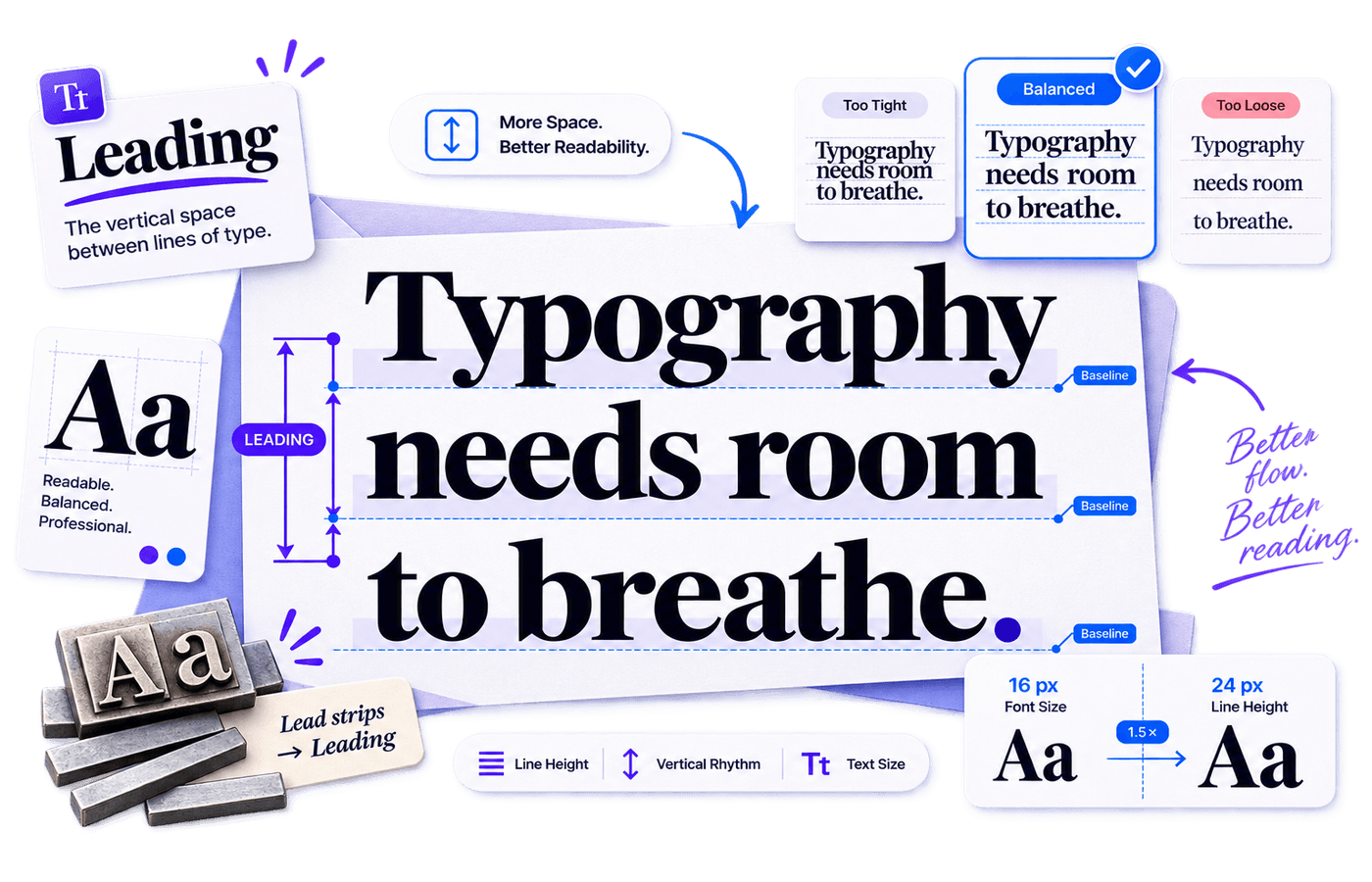 What Is Leading in Typography? Line Spacing Explained Simply 5 Leading in typography illustration showing line spacing, baselines, tight, balanced and loose leading, and CSS line-height