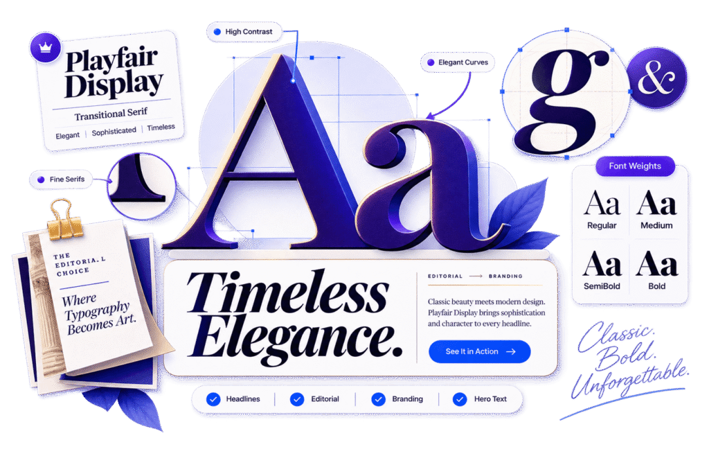 Playfair Display font review showing elegant serif letterforms, high stroke contrast, fine serifs, font weights and editorial typography examples