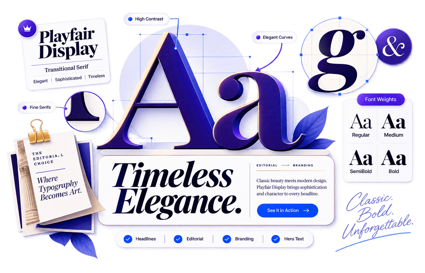 Playfair Display Font Review: Best Uses, Pairings & Smart Alternatives 1 Playfair Display font review showing elegant serif letterforms, high stroke contrast, fine serifs, font weights and editorial typography examples