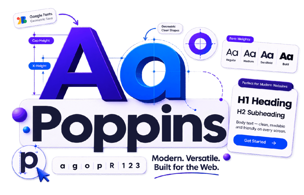 Poppins font review showing geometric letterforms, font weights and modern website typography examples