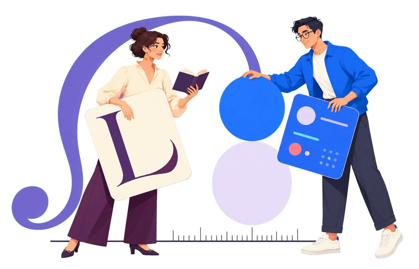 Lora and Poppins Font Pairing: A Perfect Balance of Warmth and Modern Clarity 3 Lora + Poppins font pairing hero illustration featuring two characters representing warm editorial style and clean geometric clarity.