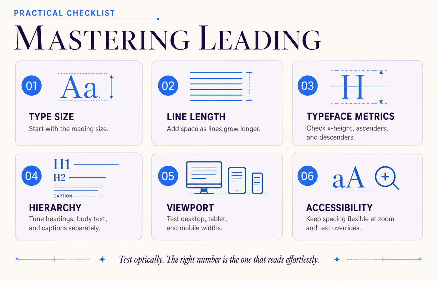 What Is Leading in Typography? Line Spacing Explained Simply 4 Practical leading checklist covering type size, line length, typeface metrics, hierarchy, viewport testing and accessibility.