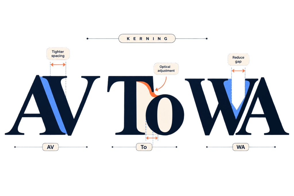 Kerning examples showing AV, To, and WA letter pairs with visual spacing adjustments.