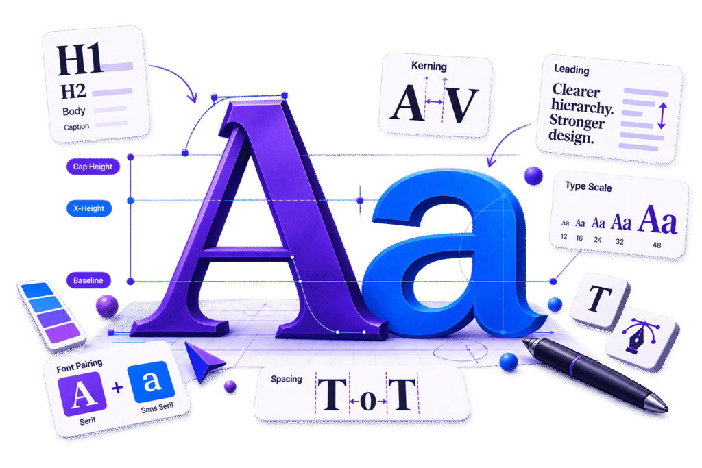 Typography Explained: Essential Principles, Examples and Design Rules for Beginners 1 Typography basics illustration showing hierarchy, kerning, leading, type scale, font pairing, spacing, baseline and x-height