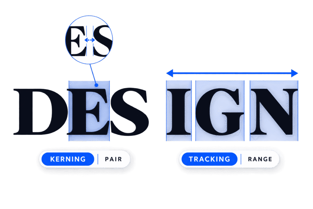 Kerning vs tracking diagram showing pair spacing adjustment compared with spacing across a range of letters.