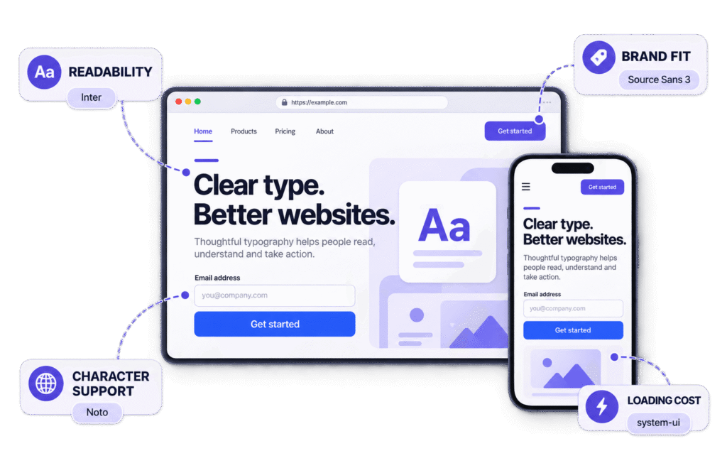 Desktop and mobile website mockups showing Inter, Source Sans 3, Noto and system-ui across readability, brand fit, character support and loading cost.