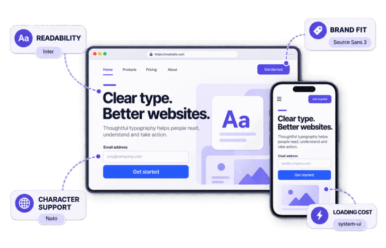 10 Best Fonts for Websites: Readable Choices for Every Role 10 Desktop and mobile website mockups showing Inter, Source Sans 3, Noto and system-ui across readability, brand fit, character support and loading cost.