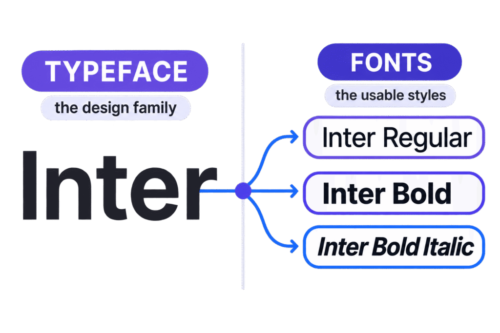 Typeface and font comparison showing Inter as the design family connected to Inter Regular, Bold, and Bold Italic styles.