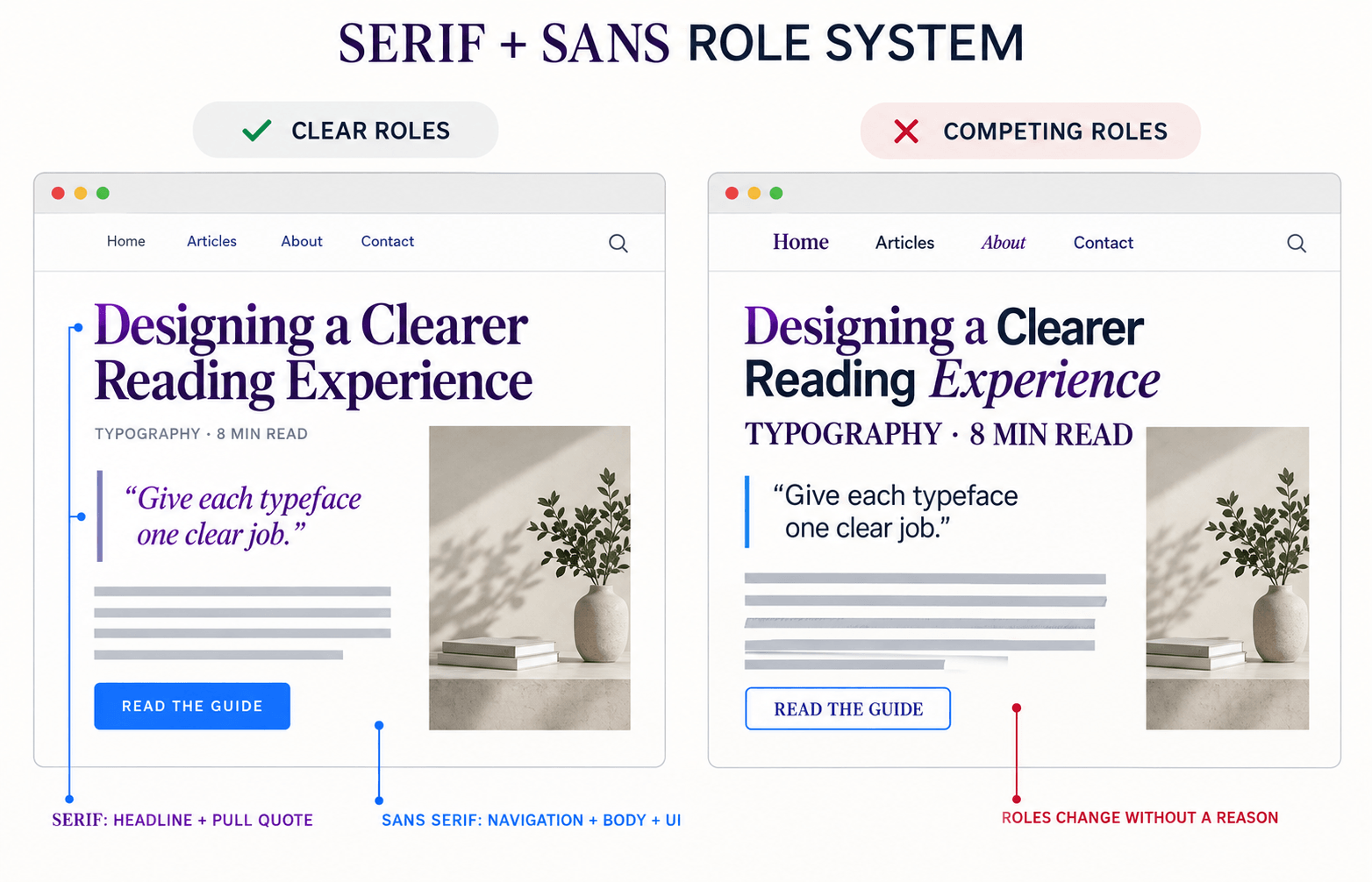 Side-by-side serif and sans-serif role systems comparing consistent font use with a layout where headings, navigation, body text, metadata and buttons compete.