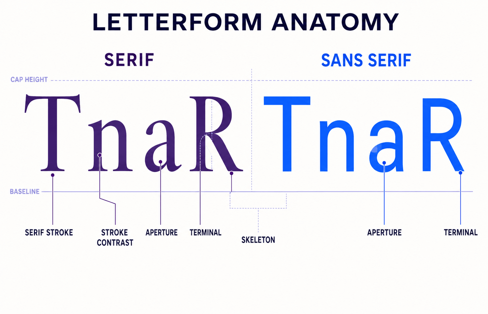 Serif and sans-serif T, n, a and R letterforms compared with callouts for serif strokes, contrast, apertures, terminals and skeleton.