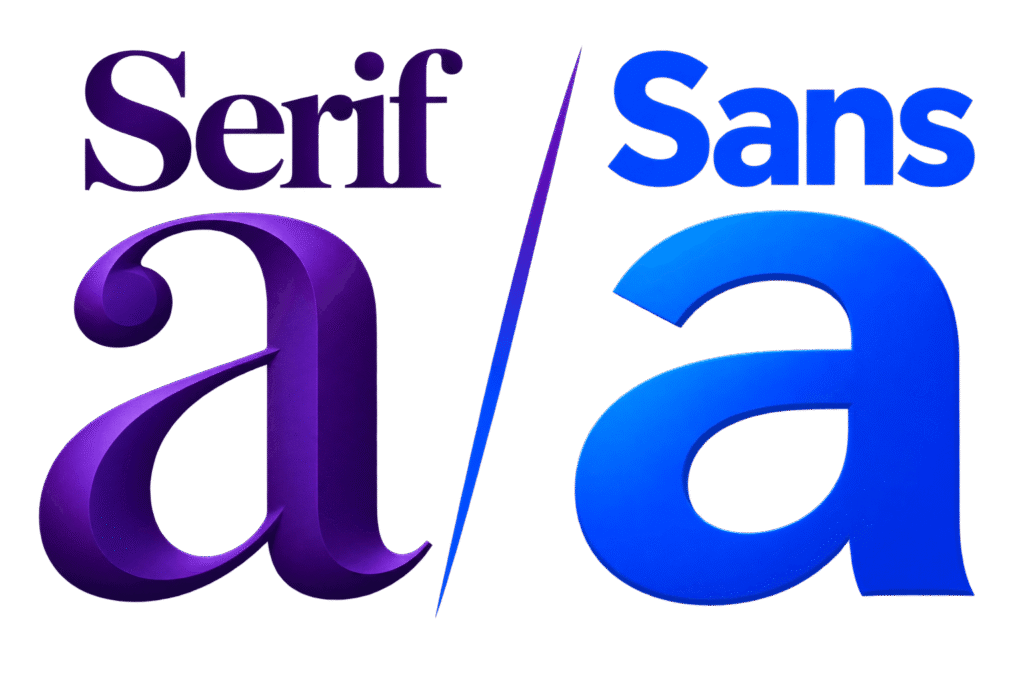 Serif and sans serif comparison with enlarged lowercase “a” letterforms showing the presence and absence of serif strokes.