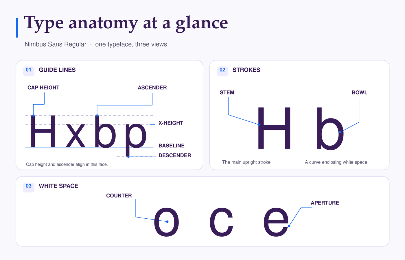 Type anatomy map using Nimbus Sans letters to show cap height, x-height, baseline, ascender, descender, stem, bowl, counter, and aperture.