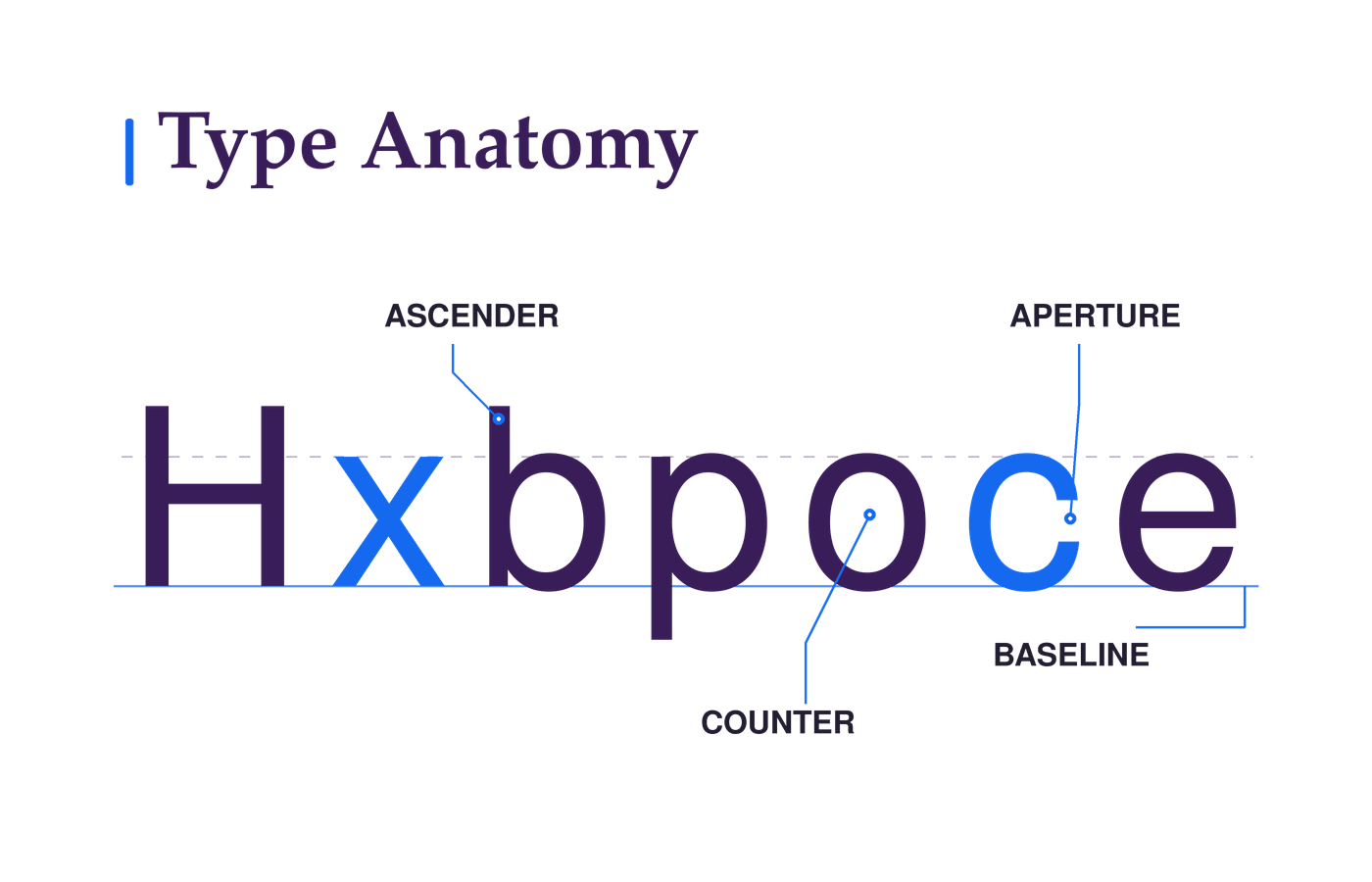 Type Anatomy: The Parts of Letters Every Designer Should Know 1 Type anatomy diagram showing H, x, b, p, o, c, and e with callouts for the ascender, counter, aperture, and baseline.