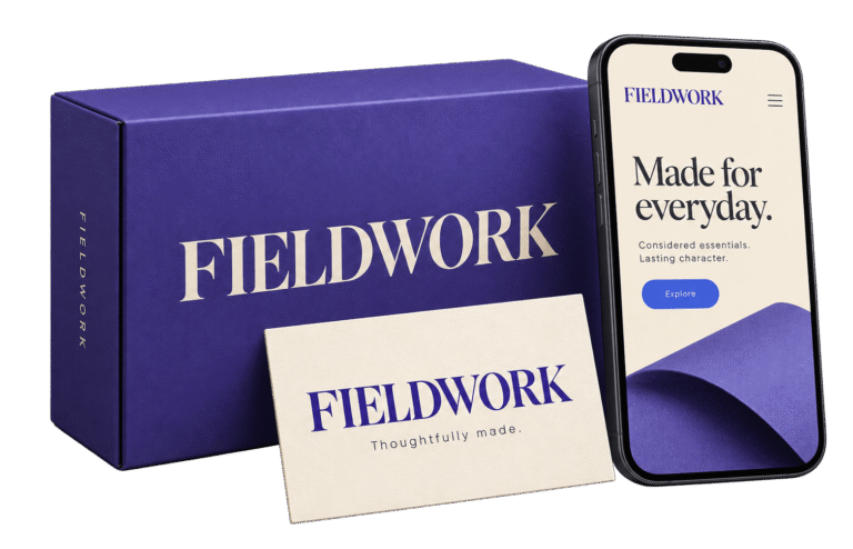 Best Fonts for Branding - FIELDWORK branding mockup with consistent serif typography across a purple product box, cream business card, and mobile website.