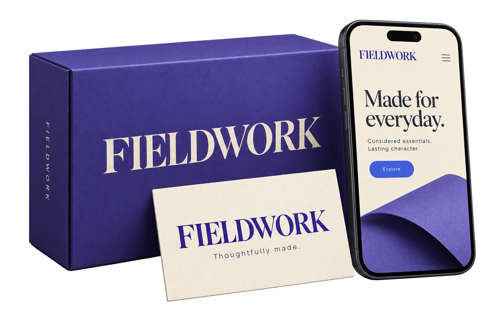 Best Fonts for Branding - FIELDWORK branding mockup with consistent serif typography across a purple product box, cream business card, and mobile website.