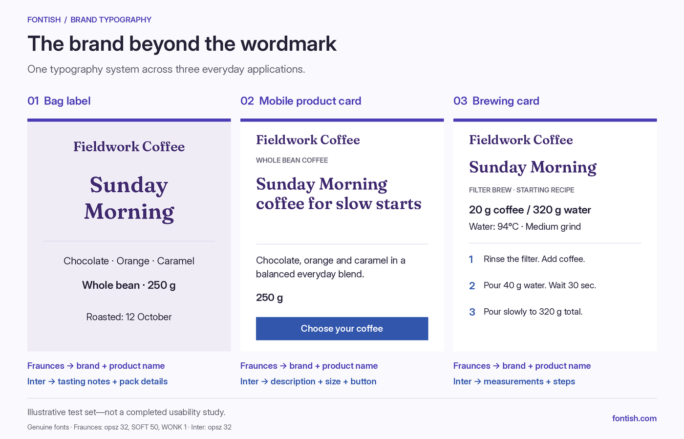 Best Fonts for Branding: How to Choose a Brand-Ready Typeface 4 Fieldwork Coffee bag label, mobile product card, and brewing card use Fraunces for brand and product names and Inter for details and instructions.
