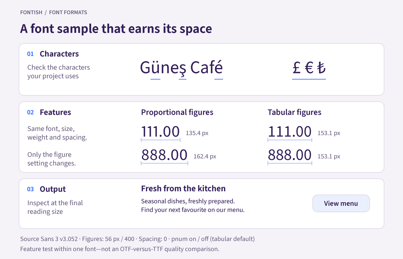 Source Sans 3 test sheet showing accented letters, currency symbols, proportional and tabular figures, and a sample menu layout.