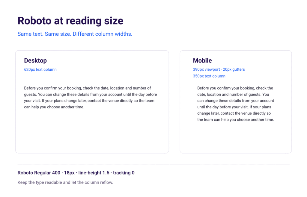 Roboto Regular reading comparison showing the same booking passage in 620px desktop and 350px mobile text columns.